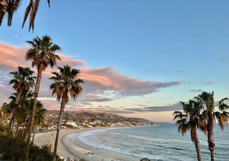 laguna beach at sunset with palm trees in foreground