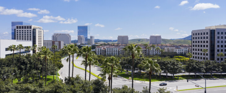 Aerial view of the downtown Irvine, California skyline.