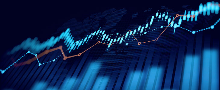 Financial chart with moving up arrow graph in stock market on blue color background